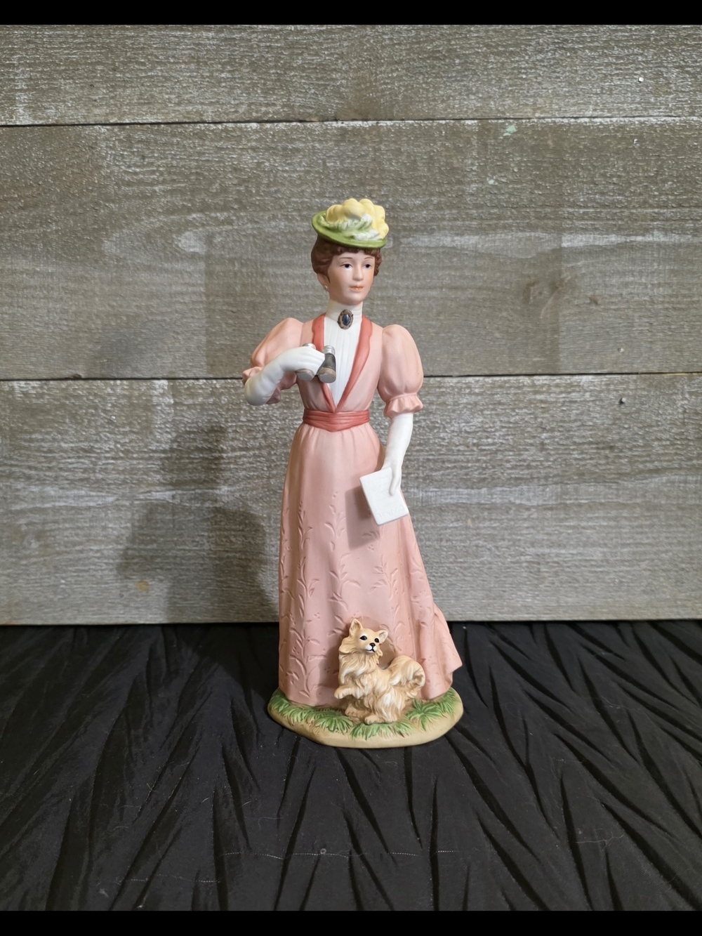 Homco Pink Lady Figurine with Green Hat and Tan Dog #1403